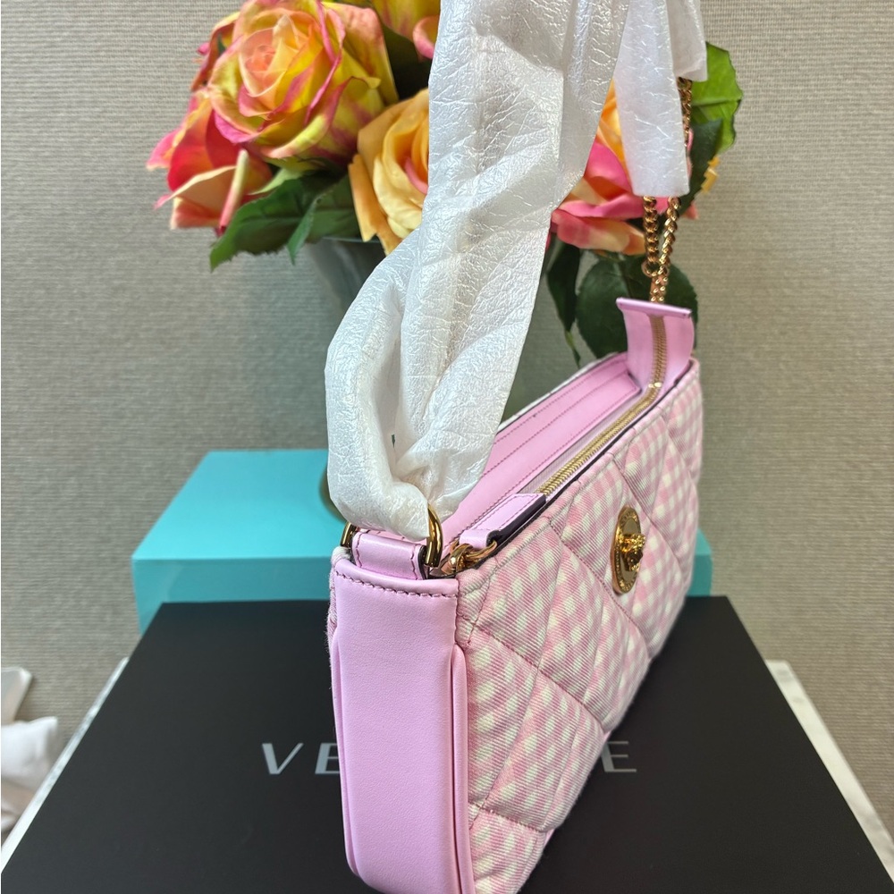 NWT Authentic Versace Pink & White Plaid Fabric Shoulder Bag w/ Dustbag & Box - Picture 5 of 12